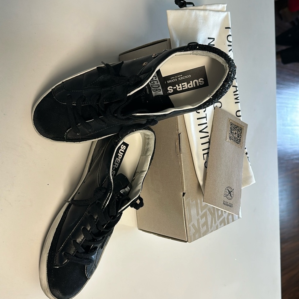 Brand New Golden Goose Black Sneaker w/gold Swarovski Crystals on sides/back